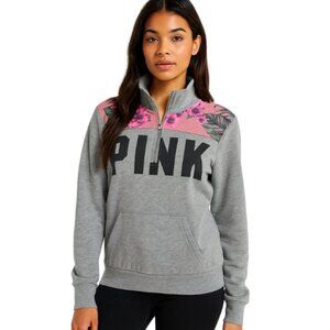 Victoria’s Secret PINK Floral Quarter Zip Pullover Gray Sweatshirt Women’s Sz S
